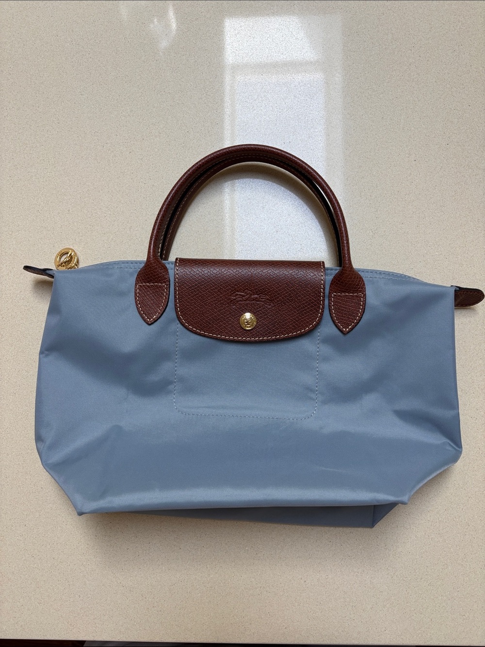 Longchamp Blue Nylon Tote with Brown Leather Trim